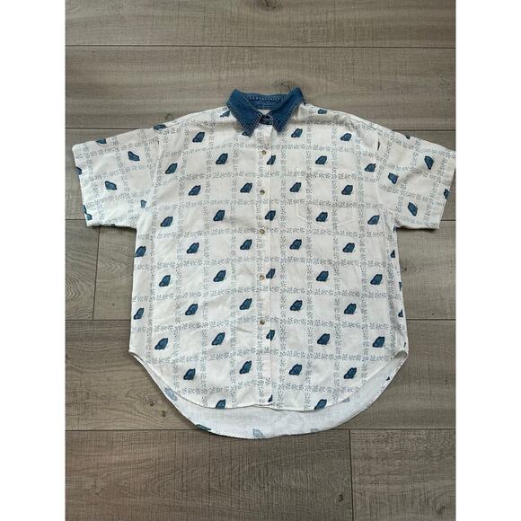 Vintage Quizz Again Butterfly Print Denim Collar Button-Up Shirt – Size L - Picture 3 of 7